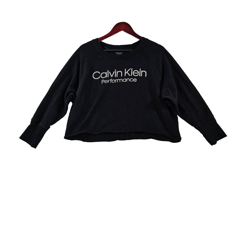 Calvin Klein Performance Womens Cropped Top Long Sleeve Crew Neck Black Medium